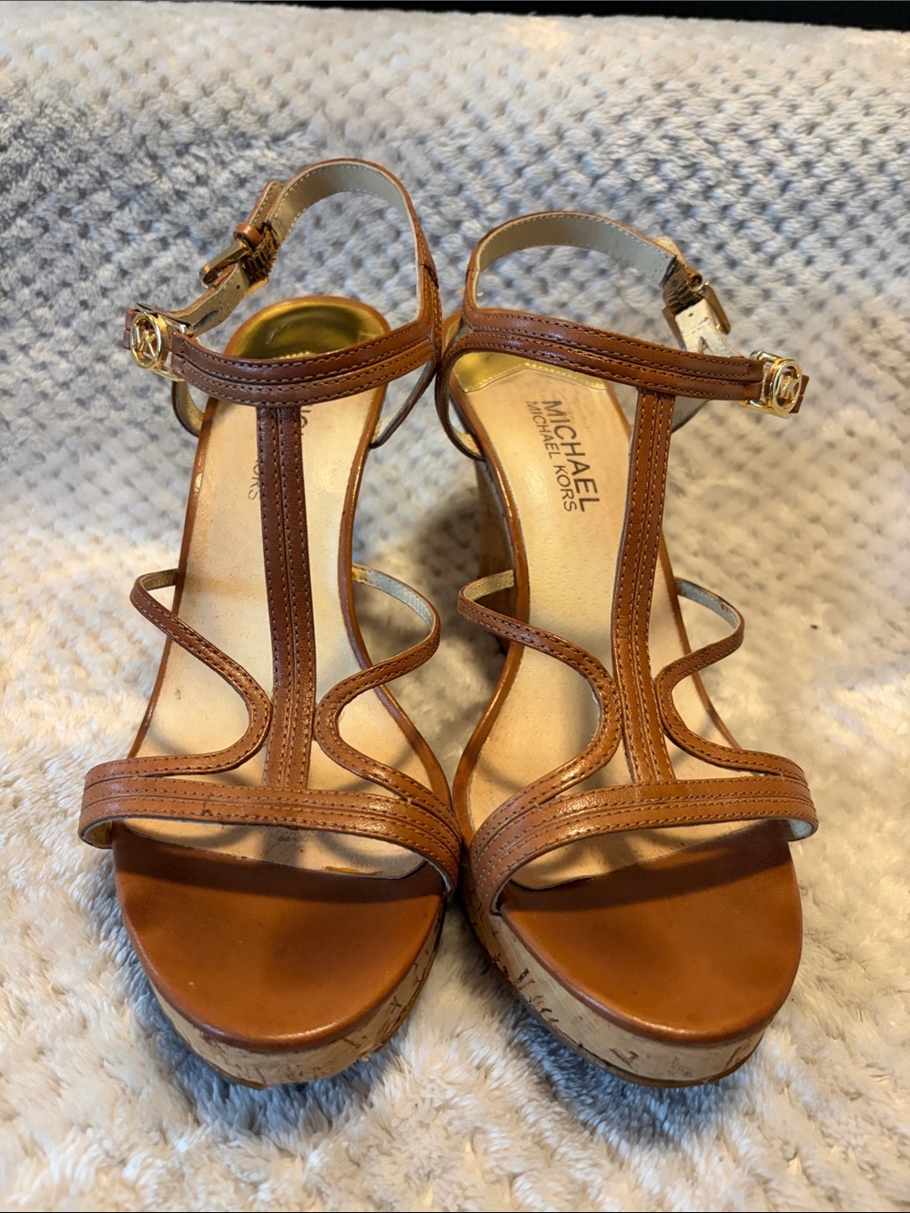 Michael Kors Tan Leather T-Strap Cork Wedge Sandals
